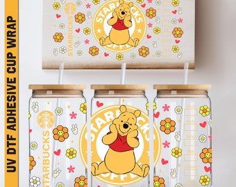 Uv DTF Pooh Coffee 16 oz Cup Wrap, Ready To Apply, No Heat Needed, Waterproof