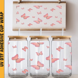 Uv DTF Wraps Butterfly 16 oz Cup Wrap, Butterflies Lover Uv Dtf, Ready To Apply, No Heat Needed, Waterproof, Pink Butterfly