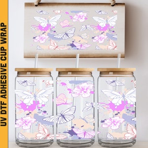 Uv DTF Wraps Butterfly 16 oz Cup Wrap, Butterflies Lover Uv Dtf, Ready To Apply, No Heat Needed, Waterproof, Pink Butterfly