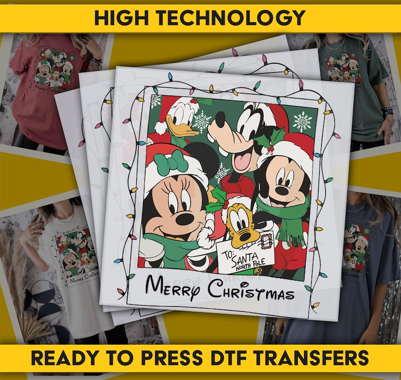May include: A stack of ready-to-press DTF transfers featuring a Christmas design with Mickey Mouse, Minnie Mouse, Donald Duck, Goofy, and Pluto. The design is framed with Christmas lights and the words "Merry Christmas" are written below. The words "High Technology" and "Ready to Press DTF Transfers" are also visible.