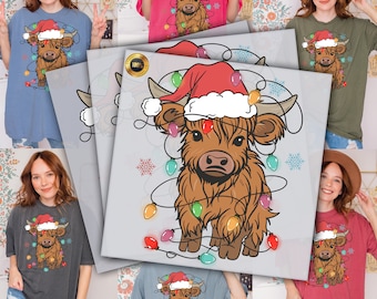 Highland Cow with Christmas Light, Christmas Ready To Press DTF Transfers, DTF Print, Ready For Press, Full Color, Heat Transfer, Santa Hat