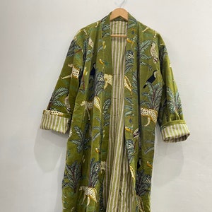 Cotton Velvet Kimono Long Bathrobe Gawon tiger Print Gift For Her Inside Lining Green Color Velvet Jacket