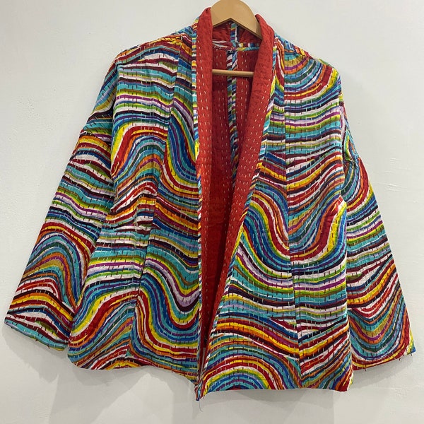 Coton Nouvelle Veste Kantha Quilt Mid Length Women Jacket Cadeau pour son front ouvert court Kimono XL Taille