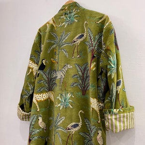 Cotton Velvet Kimono Long Bathrobe Gawon tiger Print Gift For Her Inside Lining Green Color