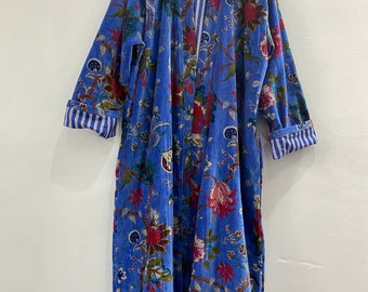 Cotton Velvet Kimono Long Bathrobe Gawon tiger Print Gift For Her Inside Lining Gray Color Him Winter Wear Christmas Gift Gulal