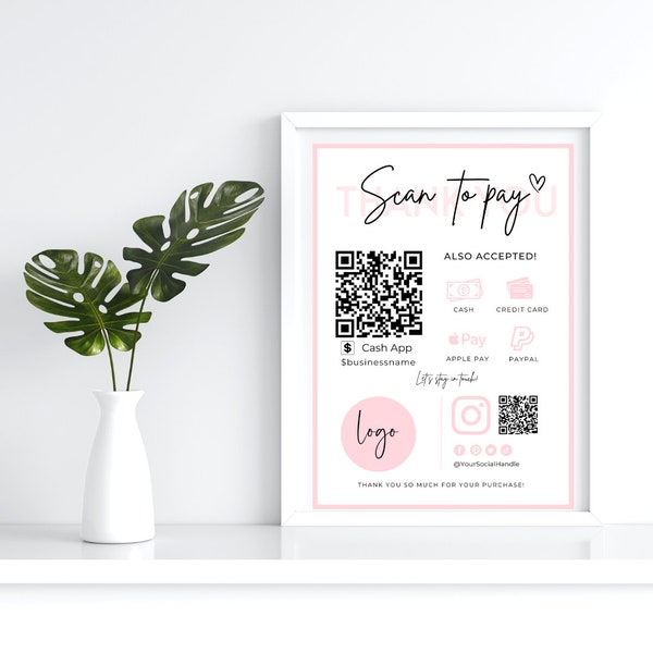 Editable Scan to Pay Card, Editable Canva Template, QR Code Sign Template, CashApp PayPal Sign for Small Business, Venmo Payment Printable.