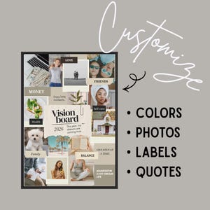 May include: A framed vision board with various images and text, including "Vision Board 2026," "Money," "Love," and "Friends." The board is surrounded by a gray background with the word "Customize" and bullet points for "Colors," "Photos," "Labels," and "Quotes."