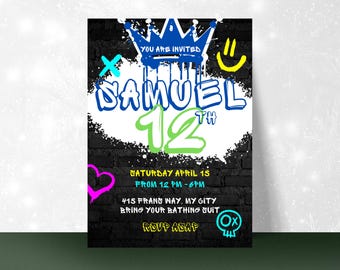 Plantilla editable de invitación de cumpleaños con grafiti, invitación de cumpleaños para adolescente, invitación a fiesta urbana, editable en Canva, descarga instantánea