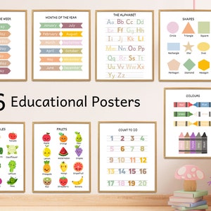 Conjunto de 16 carteles educativos, decoración de aula Montessori, impresiones de educación en el hogar para niños, kit de aprendizaje temprano, fuente de escritura a mano, temática neutral