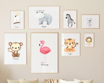 Juego de impresión de vivero Safari de 12, arte de pared de vivero, decoración de vivero Safari, animales bebés, impresiones de arte de animales de zoológico, vivero de selva, león jirafa