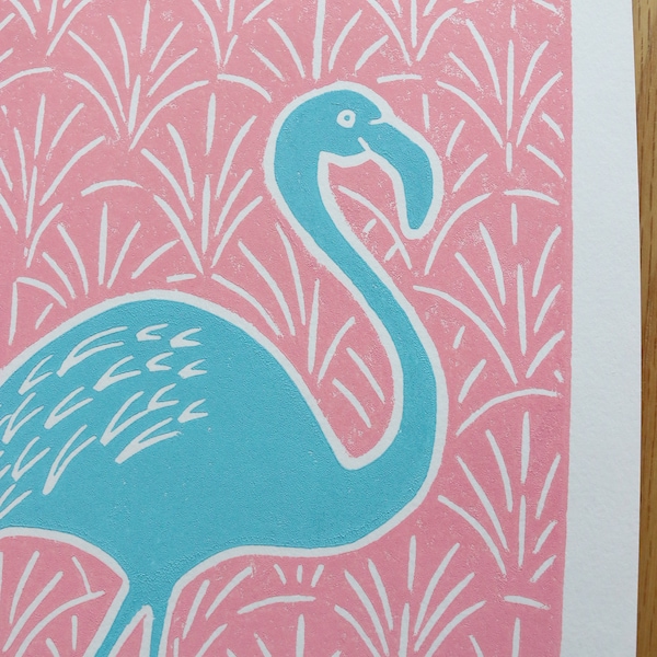 Flamingo lino print wall art in pink and blue