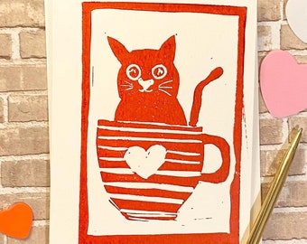 Cat in Cup Linocut Print, Valentine's Day Gift, Cat Lover
