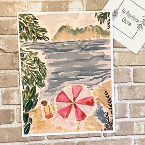Carte postale peinte à la main paysage de plage, fille en vacances, cadeau pour elle, aquarelle d'été impression 4 x 6, traversée, courrier heureux