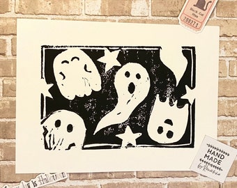 Cute Ghosts Linocut Print, Halloween Decor, Spooky Season Art (5x7 Card or Print)