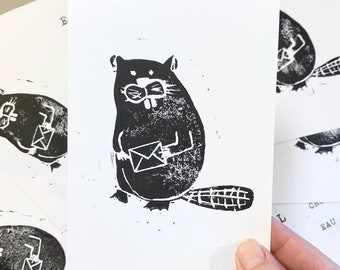 Beaver Snail Mail Linocut Print, Animal Lover Gift (4x6)