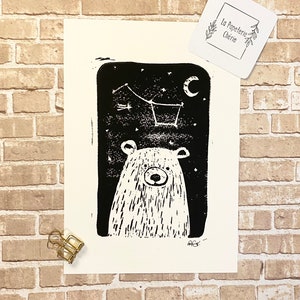 Cute Bear Linocut Print, Mystical, Nigh Sky, Great Bear Constellation, Stars, Polar Bear Linoprint, 5x7, Animal Lover Gift image 2
