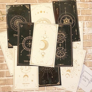Marcadores de cartas del tarot dorados, marcadores de cartas del tarot astrológico laminados, luna, estrella, cielo, negro, blanco, dorado