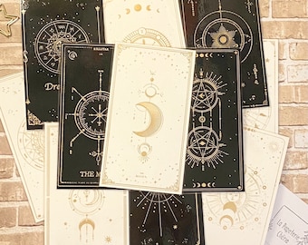 Segnalibri oro dei tarocchi, segnalibri laminati dei tarocchi astrologici, luna, stella, cielo, nero, bianco, oro