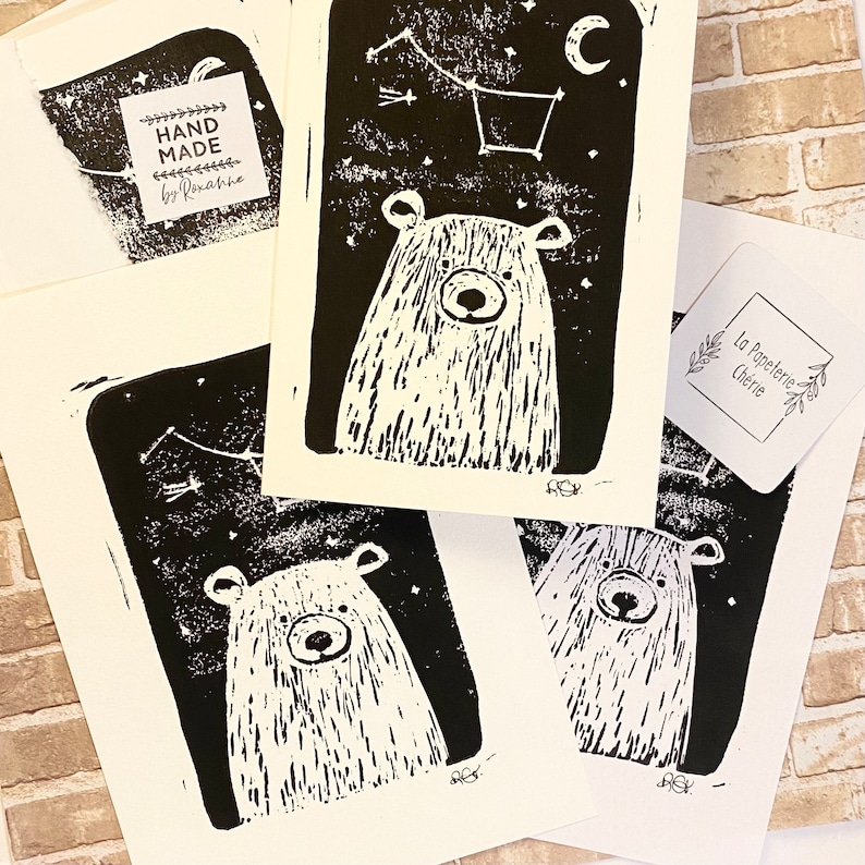 Cute Bear Linocut Print, Mystical, Nigh Sky, Great Bear Constellation, Stars, Polar Bear Linoprint, 5x7, Animal Lover Gift image 1