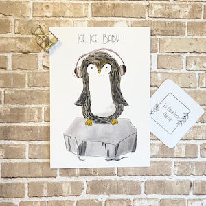 Impression d'art pingouin, design dessiné à la main mignon et original, pingouin sur l'iceberg, musique, bébé glacé, post-traversée, écriture de pingouin