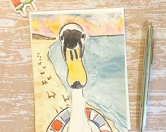 Gans handgemalte Postkarte, Aquarell lustige Ente im Urlaub Postkarte, Tierliebhaber Briefpapier, Postcrossing, Penpaling, 100x160 Kunstdruck