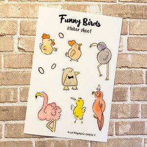 Feuille d'autocollants drôles d'oiseaux, vinyle imperméable, oiseaux uniques peints à la main à l'aquarelle, 7 autocollants découpés en forme de baiser, cadeau pour amoureux des oiseaux, agenda de décoration