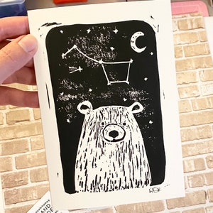 Cute Bear Linocut Print, Mystical, Nigh Sky, Great Bear Constellation, Stars, Polar Bear Linoprint, 5x7, Animal Lover Gift image 6