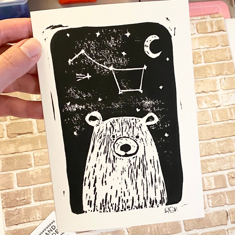 Cute Bear Linocut Print, Mystical, Nigh Sky, Great Bear Constellation, Stars, Polar Bear Linoprint, 5x7, Animal Lover Gift image 6