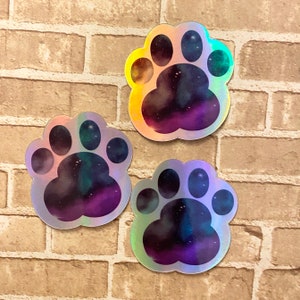 Ensemble de 3 autocollants holographiques pattes cosmiques, 3 autocollants en vinyle, autocollants holographiques imperméables Galaxy Paws, cadeau pour chat, amoureux des chiens