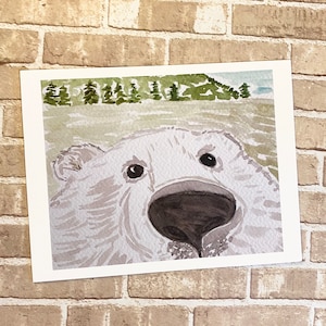 Adorable carte postale peinte à la main avec un selfie d'ours, carte postale faite main aquarelle ours polaire, papeterie pour amoureux des animaux, traversée, écriture, impression
