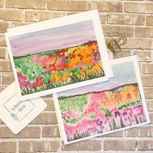 Carte postale peinte à la main, paysage abstrait de champ de fleurs colorées, impression de carte postale aquarelle minimaliste 4 x 6 pour les traversées, écriture, cadeaux