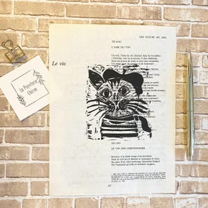 Parisian Cat Linocut Print, French Art on Vintage Baudelaire Poem Page, Unique Cat Lover Gift, Handcrafted Lino Print Decor
