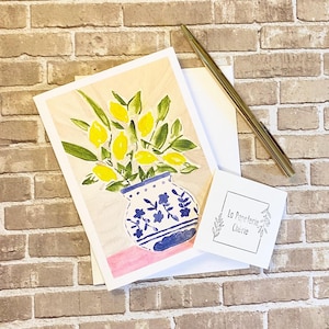 Impresión de limones en un jarrón / Tarjeta de felicitación minimalista hecha a mano de acuarela de 4 x 5,5 pulgadas (doble) / Regalo para amantes de la naturaleza
