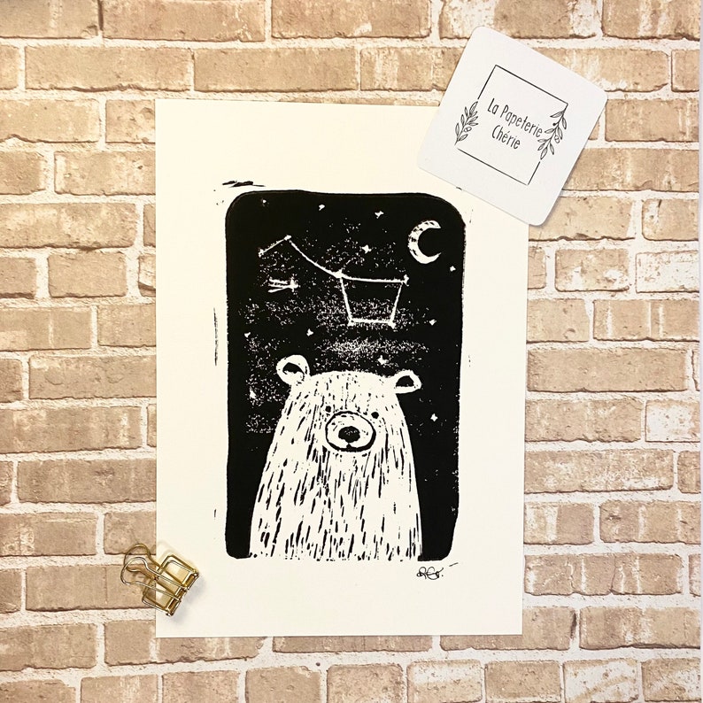 Cute Bear Linocut Print, Mystical, Nigh Sky, Great Bear Constellation, Stars, Polar Bear Linoprint, 5x7, Animal Lover Gift image 2