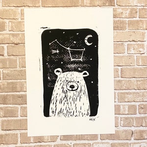 Cute Bear Linocut Print, Mystical, Nigh Sky, Great Bear Constellation, Stars, Polar Bear Linoprint, 5x7, Animal Lover Gift image 3