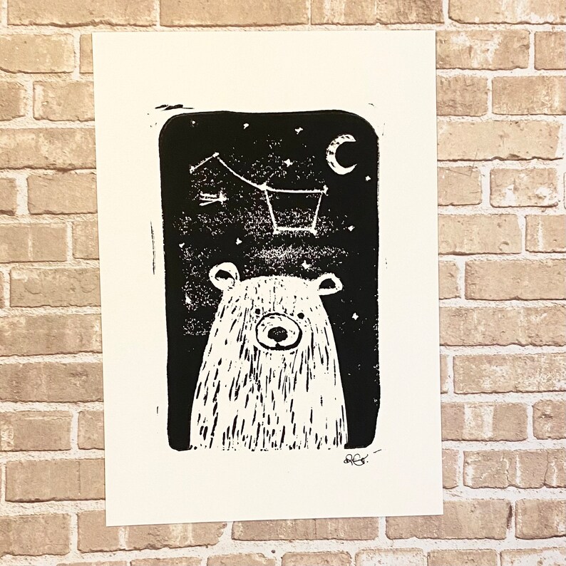 Cute Bear Linocut Print, Mystical, Nigh Sky, Great Bear Constellation, Stars, Polar Bear Linoprint, 5x7, Animal Lover Gift image 3