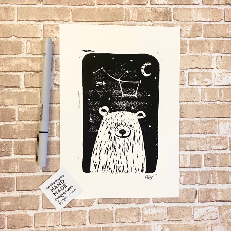 Cute Bear Linocut Print, Mystical, Nigh Sky, Great Bear Constellation, Stars, Polar Bear Linoprint, 5x7, Animal Lover Gift image 4