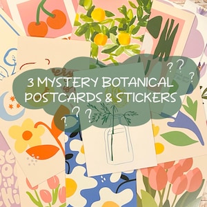 Lot de 3 cartes postales botaniques mystères, 3 cartes postales et autocollants aléatoires, pochette surprise pour faire une calligraphie, journal indésirable, scrapbooking, travaux manuels en papier