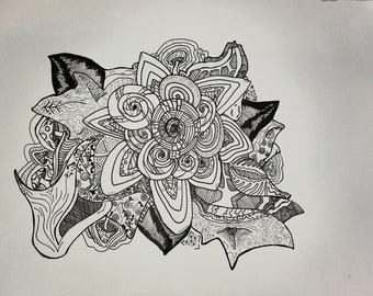 8.5x11 Print, Pen and Ink Drawing, Abstract Art, Flower Abstract