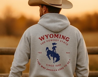 Wyoming Cowboy Hoodie – Western Vintage Sweatshirt, Bucking Horse Pullover, Gift for Outdoors