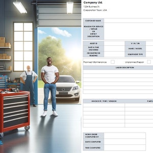 May include: A work order form with a checklist for planned maintenance, unplanned repair, and damage. The form includes fields for customer name, reason for service, asset ID, date and time delivered, odometer reading, VIN, make and model, equipment type, labor description, technician name, parts description, and total amount.
