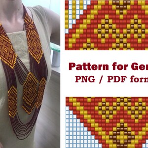May include: A beaded necklace with a geometric pattern in red, yellow, and brown. The necklace is layered and has a matching bracelet. The image also includes a pattern for the necklace in PNG or PDF format.