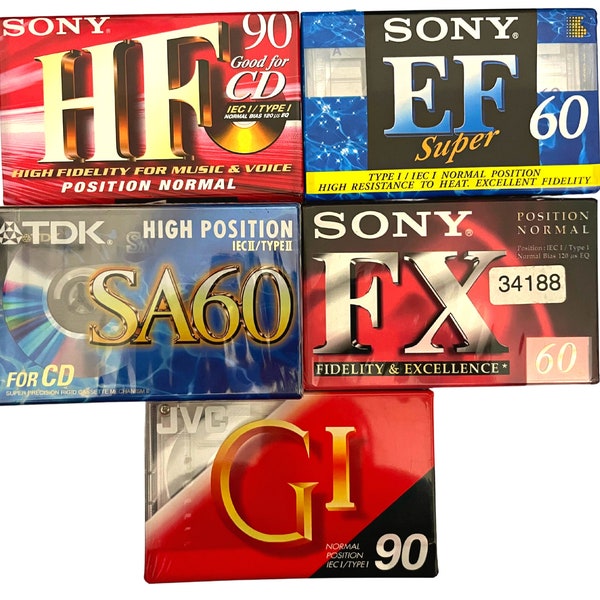 Blank cassette tapes. Sony HF90, Fx60, EF60, JVC GI90, TDK SA60. Sealed