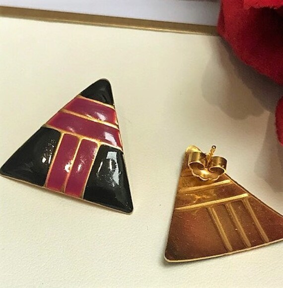 Vintage 80's triangular enamel earrings - image 3