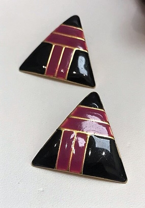Vintage 80's triangular enamel earrings - image 4