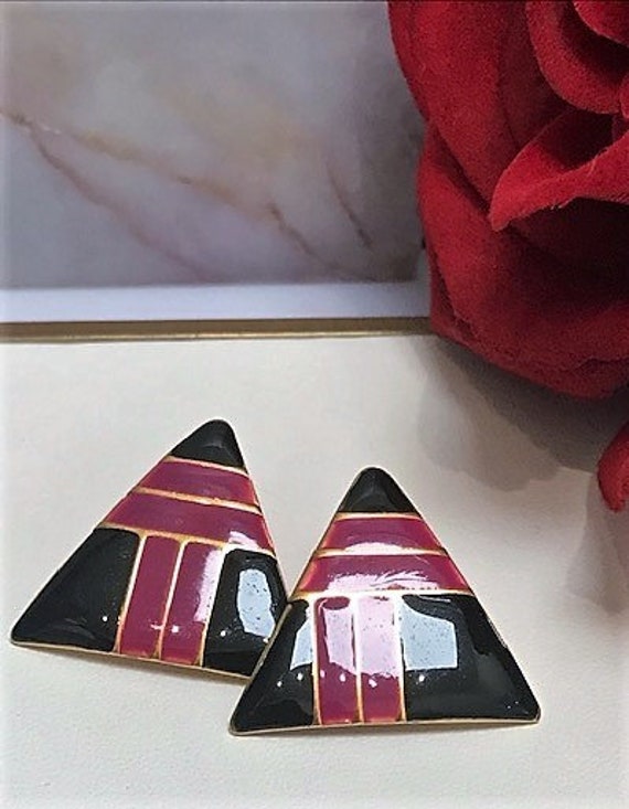 Vintage 80's triangular enamel earrings - image 2