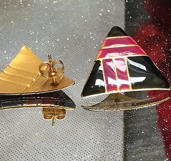 Vintage 80's triangular enamel earrings - image 7
