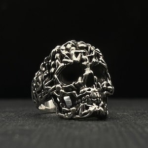Man&#39;s Skull Ring | Into The Fire Jewelry | Skull ring half jaw Mid Size silver | Handmade jewelry | 925 Sterling Silver | Halloween Skulls