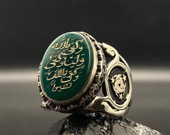 Handmade Green Agate Silver Ring Withe specil symbol, 925K Sterling Silver Ring, Handcrafted Silver Design, Gift For Him, Islamic Gift