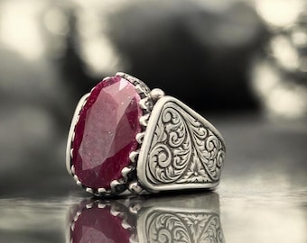 Sterling Silver Ruby Ring, Hand-Engraved Vintage Style, July Birthstone